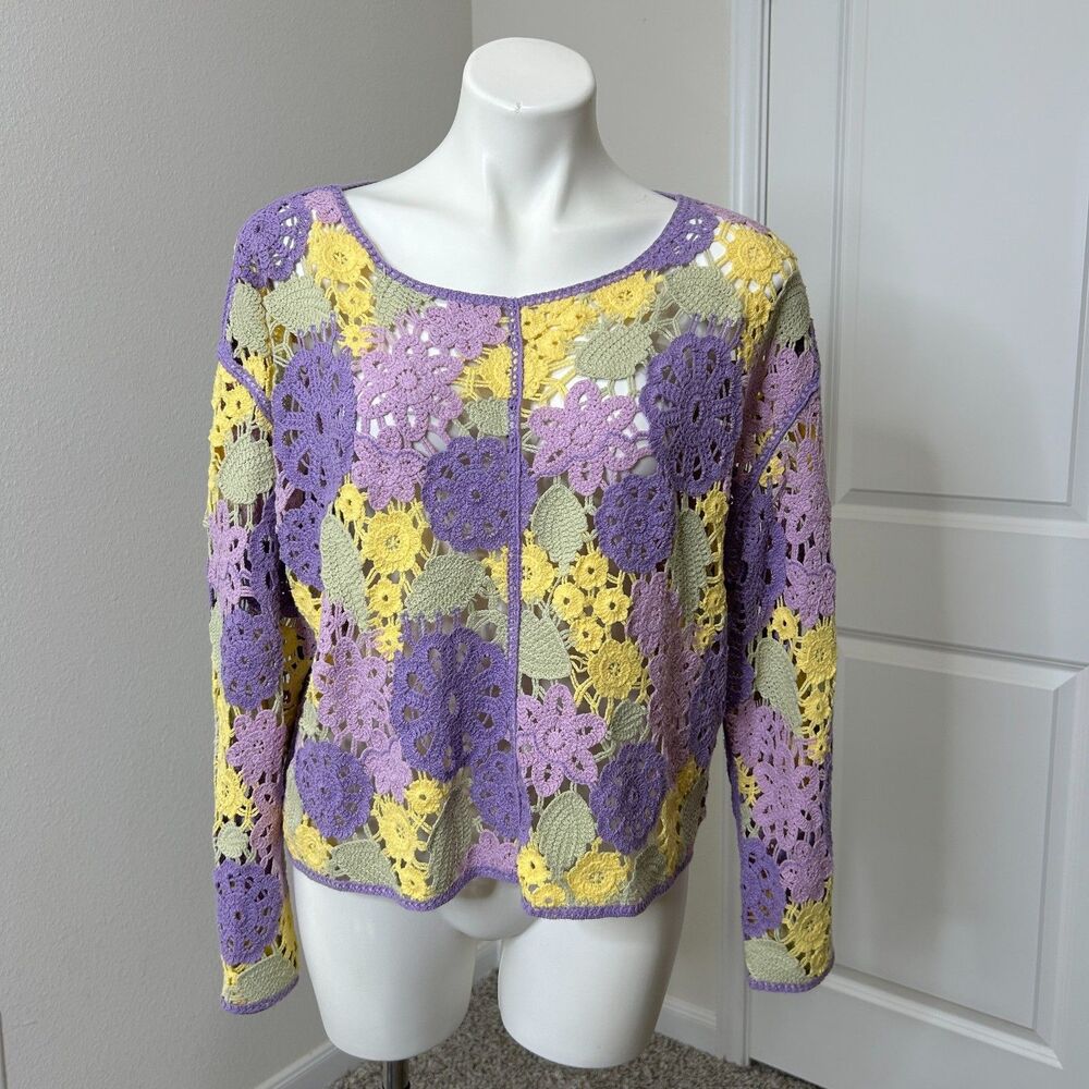 Entro Sweater Womens Small Purple Yellow Floral Patchwork Crochet Granny Square